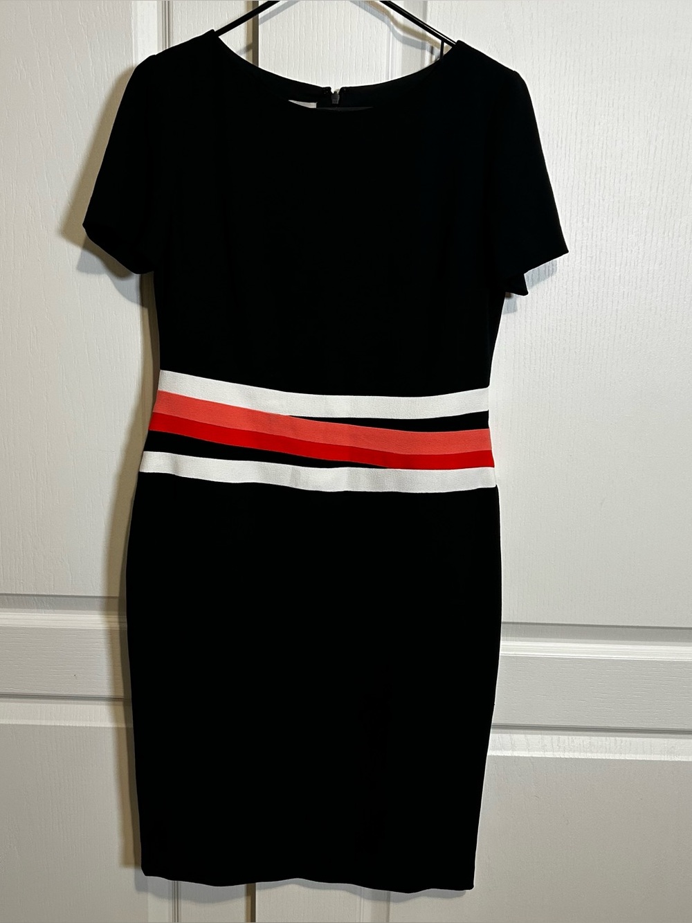 Anne Klein Size 6 Dress Black Short Sleeve Colorblock Stripe Sheath Career Work